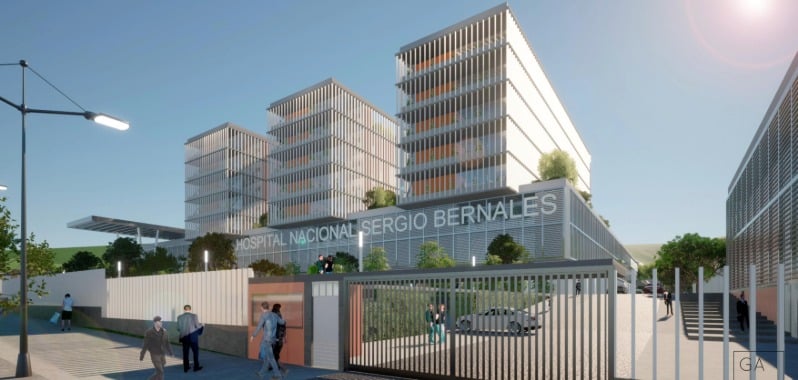 Fachada de hospital Sergio Bernales en maqueta 3D.
