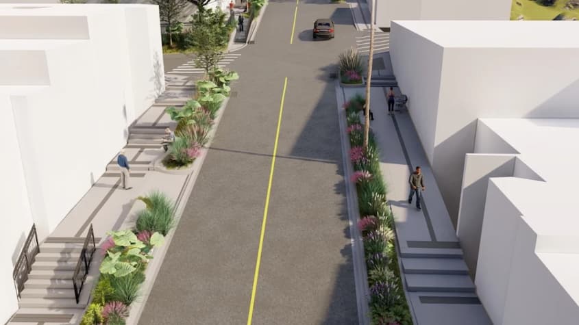 Render arquitectónico de una vía urbana renovada con aceras amplias, zonas verdes y mobiliario urbano. La calle cuenta con una línea amarilla central y está flanqueada por edificios minimalistas de color blanco.