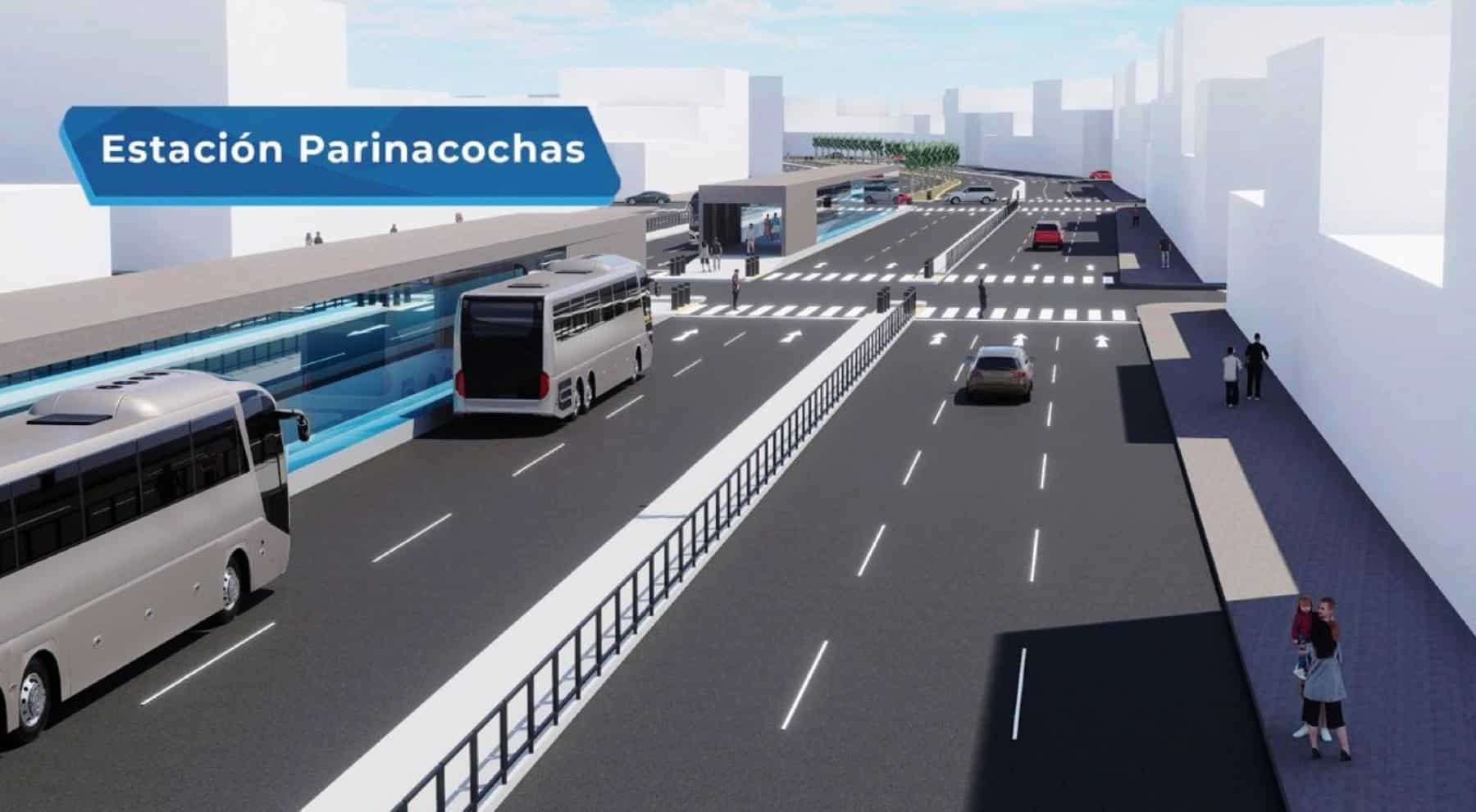 La imagen muestra una representación digital de la futura estación Parinacochas del Metropolitano. En el diseño se observan carriles exclusivos para buses, andenes modernos y pasos peatonales bien definidos. Este tipo de infraestructura busca mejorar la movilidad urbana y optimizar el transporte público en la ciudad.