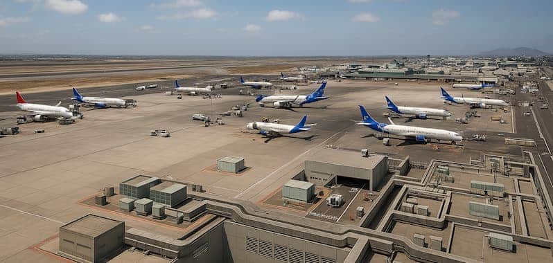 Esta imagen muestra la ampliación de un aeropuerto, con múltiples aviones en la pista y nueva infraestructura en desarrollo.