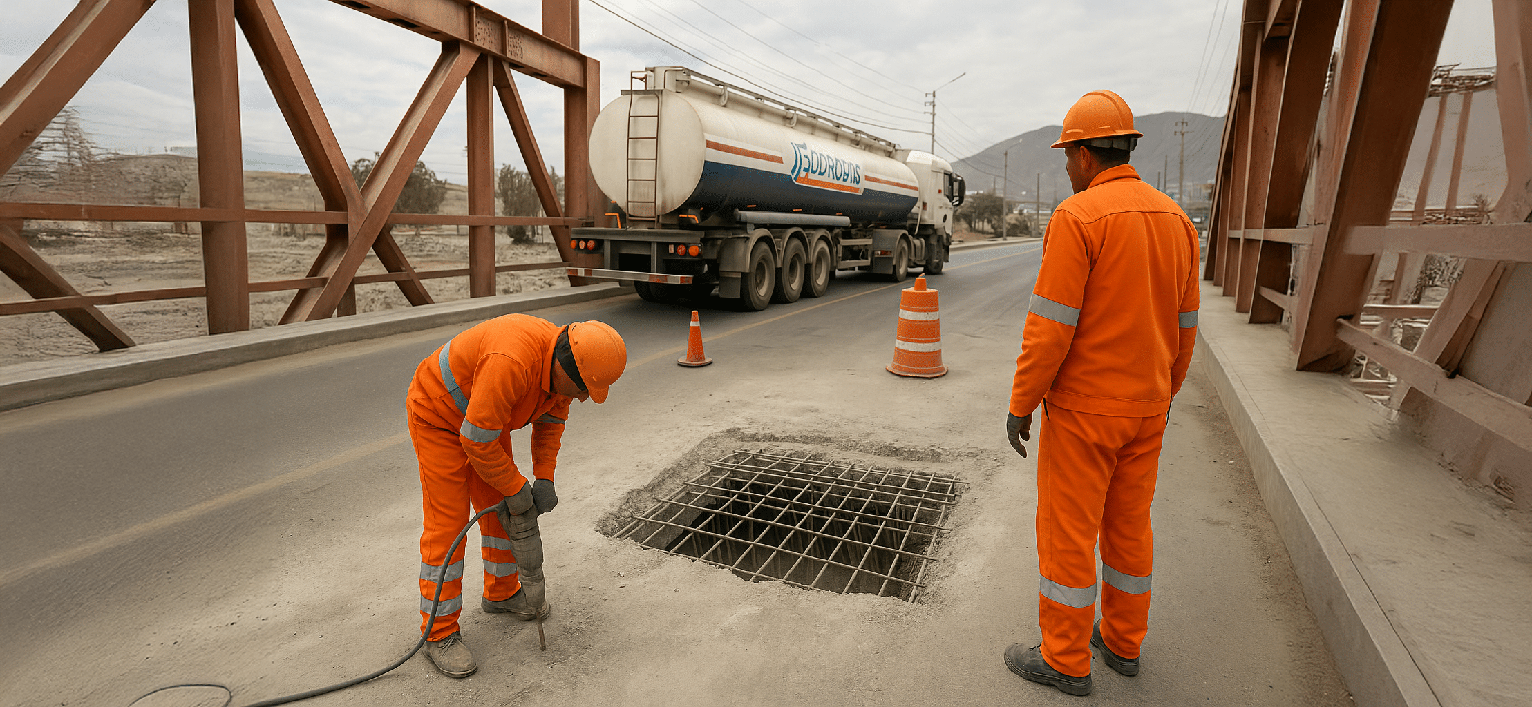 Trabajadores viales realizan labores de mantenimiento sobre un puente de estructura metálica en una zona desértica. Uno de ellos opera un taladro neumático sobre una abertura con enmallado de acero, mientras el otro supervisa. Ambos visten uniforme naranja con cintas reflectantes y cascos de seguridad. Al fondo, circula un camión cisterna.