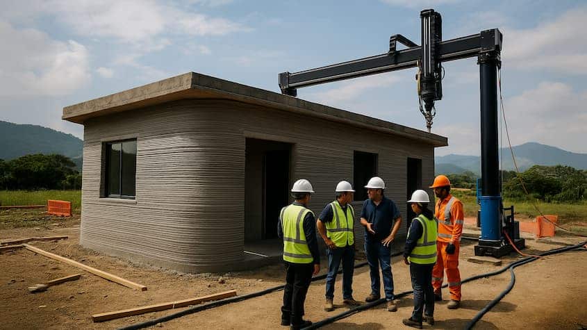 Ingenieros y obreros inspeccionan una casa construida con tecnología de impresión 3D en una zona rural de Colombia. La vivienda tiene paredes de concreto impresas en capas y una impresora 3D de gran escala está instalada al lado. El equipo usa cascos y chalecos de seguridad en un entorno de campo con montañas al fondo.
