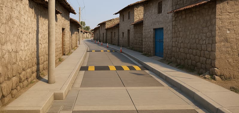 Calle recién pavimentada en el centro poblado de Pueblo Viejo, en Acobamba, Huancavelica. Se observa una vía angosta con resaltos viales pintados de amarillo y negro, flanqueada por casas de adobe con techos de tejas y puertas de madera, en un entorno rural andino.