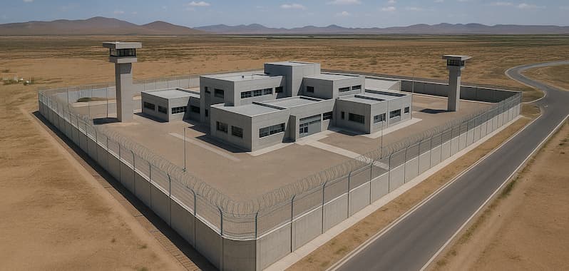 Vista aérea de un moderno centro penitenciario ubicado en una zona desértica. El complejo está rodeado por un alto muro con alambre de púas y cuenta con torres de vigilancia en las esquinas. El diseño modular y las vías de acceso asfaltadas reflejan una inversión en infraestructura del sistema penitenciario.