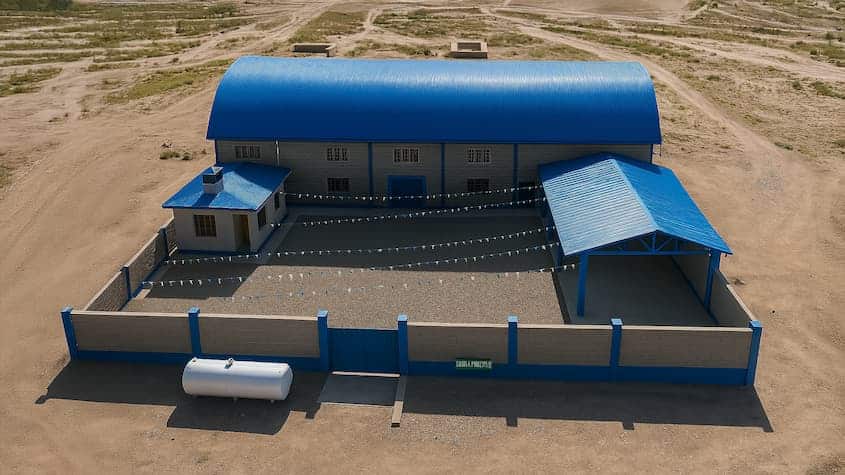 Vista aérea de la planta El Choro en Oruro, Bolivia, ubicada en una zona desértica. El recinto cuenta con un almacén de techo abovedado azul, una oficina administrativa, un cobertizo techado y un tanque exterior, todo cercado por un muro perimetral con portón de ingreso.