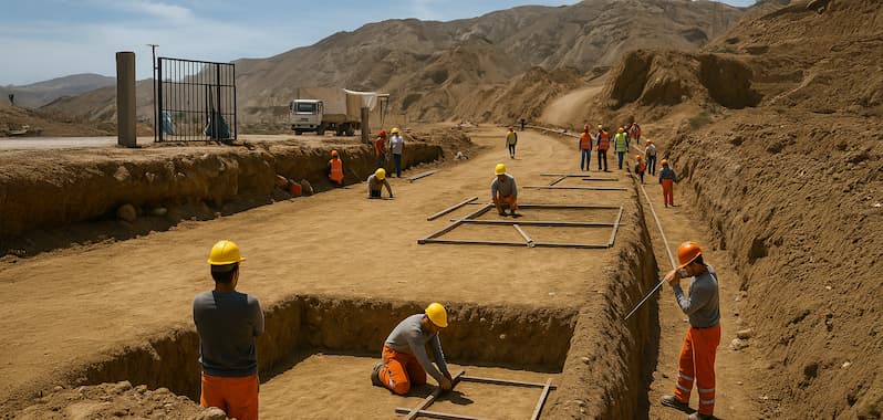 Obreros realizan trabajos de excavación y replanteo en una zona árida y montañosa, en el marco de una obra de infraestructura en Talara, Piura. Se observan zanjas delimitadas con estructuras metálicas, personal con cascos y vestimenta de seguridad, y maquinaria en el fondo del área de trabajo.