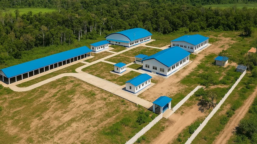 Vista aérea de una moderna planta de agroinsumos en Bolivia, rodeada de vegetación selvática. El complejo cuenta con múltiples edificaciones de techos azules, amplias vías internas y espacios organizados para operaciones industriales, todo en un entorno natural verde y remoto.