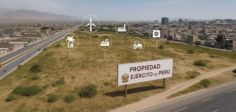 Terreno amplio y sin construir con un cartel que indica “Propiedad del Ejército del Perú”, ubicado en una zona urbana con edificios residenciales al fondo. Sobre el terreno se muestran íconos gráficos de posibles usos como energía eólica, agricultura, desarrollo industrial y construcción, sugiriendo su potencial de aprovechamiento estratégico.