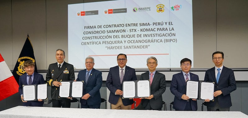 Autoridades del Perú y Corea firman contrato para la construcción del Buque científico Haydee Santander que reforzará la investigación pesquera.