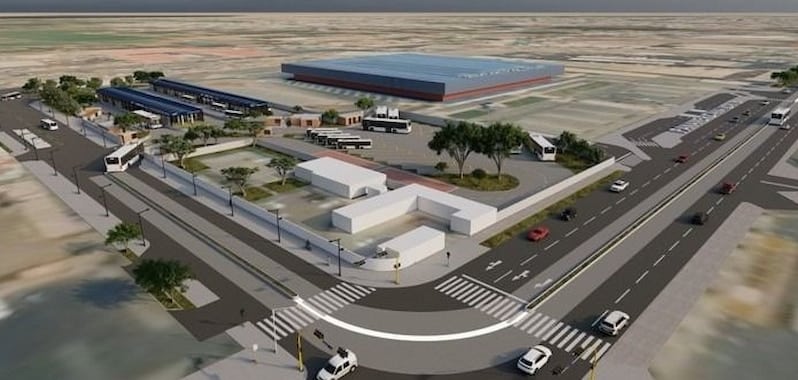 Render del proyecto Corredor Troncal Norte-Sur en Trujillo, infraestructura de transporte urbano con terminales y rutas alimentadoras.