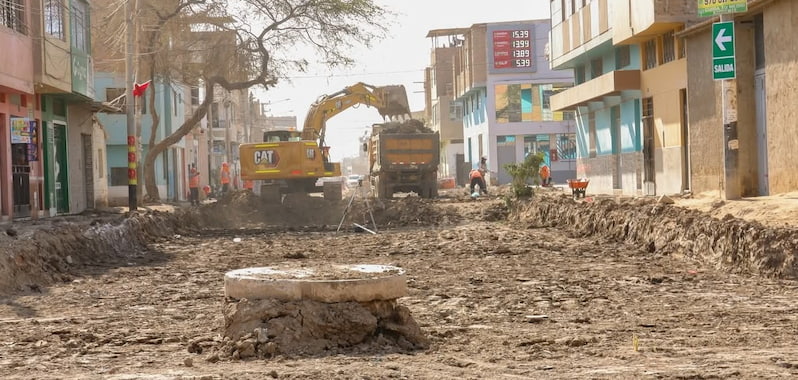 Maquinaria pesada trabaja en la rehabilitación de calles en José Leonardo Ortiz, proyecto que mejora la infraestructura vial en Chiclayo.