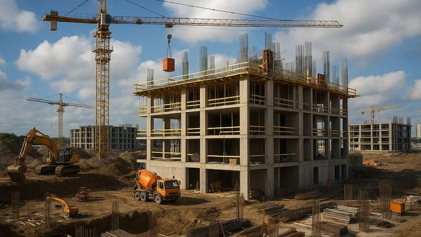 Obras en construcción de edificio multifamiliar con grúas torre y maquinaria pesada, reflejando el crecimiento del sector inmobiliario en Perú.
