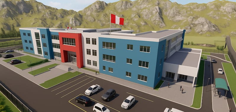 Render de la nueva sede regional de Huancavelica, moderna infraestructura administrativa que fortalecerá la gestión pública en la región.