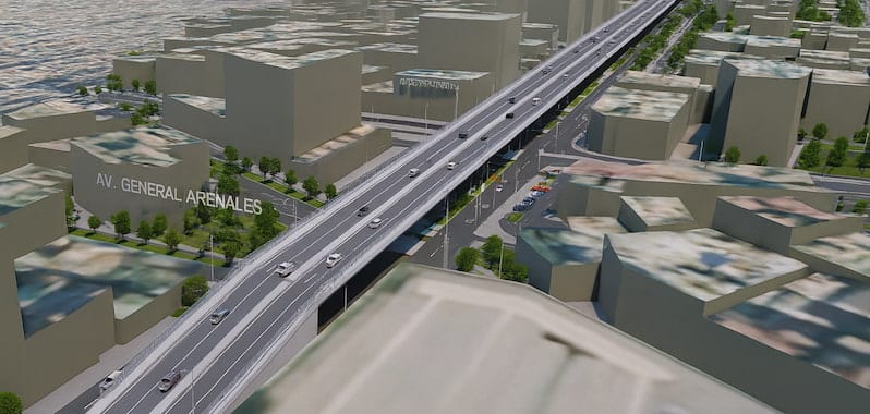 Render 3D de viaducto en Av. Javier Prado y Gral. Arenales, nueva vía rápida elevada que transformará la movilidad urbana.
