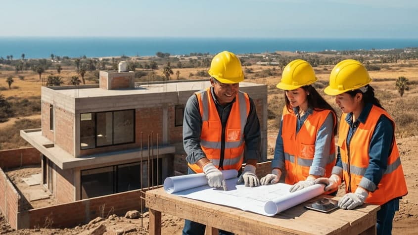 Ingenieros revisan planos de vivienda en construcción con vista al mar, proyecto inmobiliario en evaluación y desarrollo